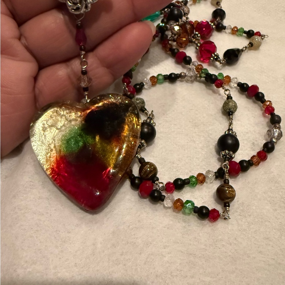 Murano Glass Multicolor Heart Pendant Necklace Mixed Stones and Glass